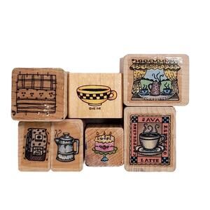 Vtg Junk Drawer Lot of 7 Caffiene Lovers Coffee House Bakery Shop Rubber Stamps